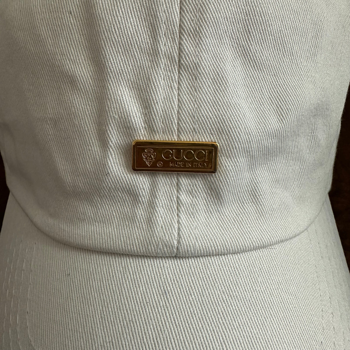 Upcycled Gold Gucci Tag Hat in White (undistressed) – Beauty  display picture 1