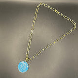 Large Turquoise LV Trunks & Bags Zipper Pull on Gold-Filled Paperclip Chain Necklace