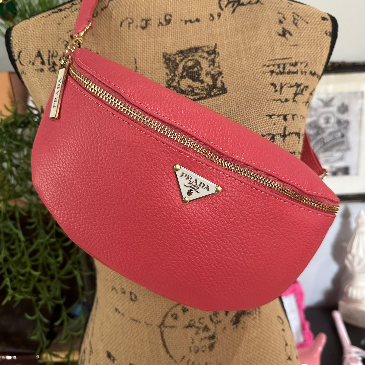 Bubblegum Pink Leather Prada Tag Sling/Fanny Pack Bag Gold (larger