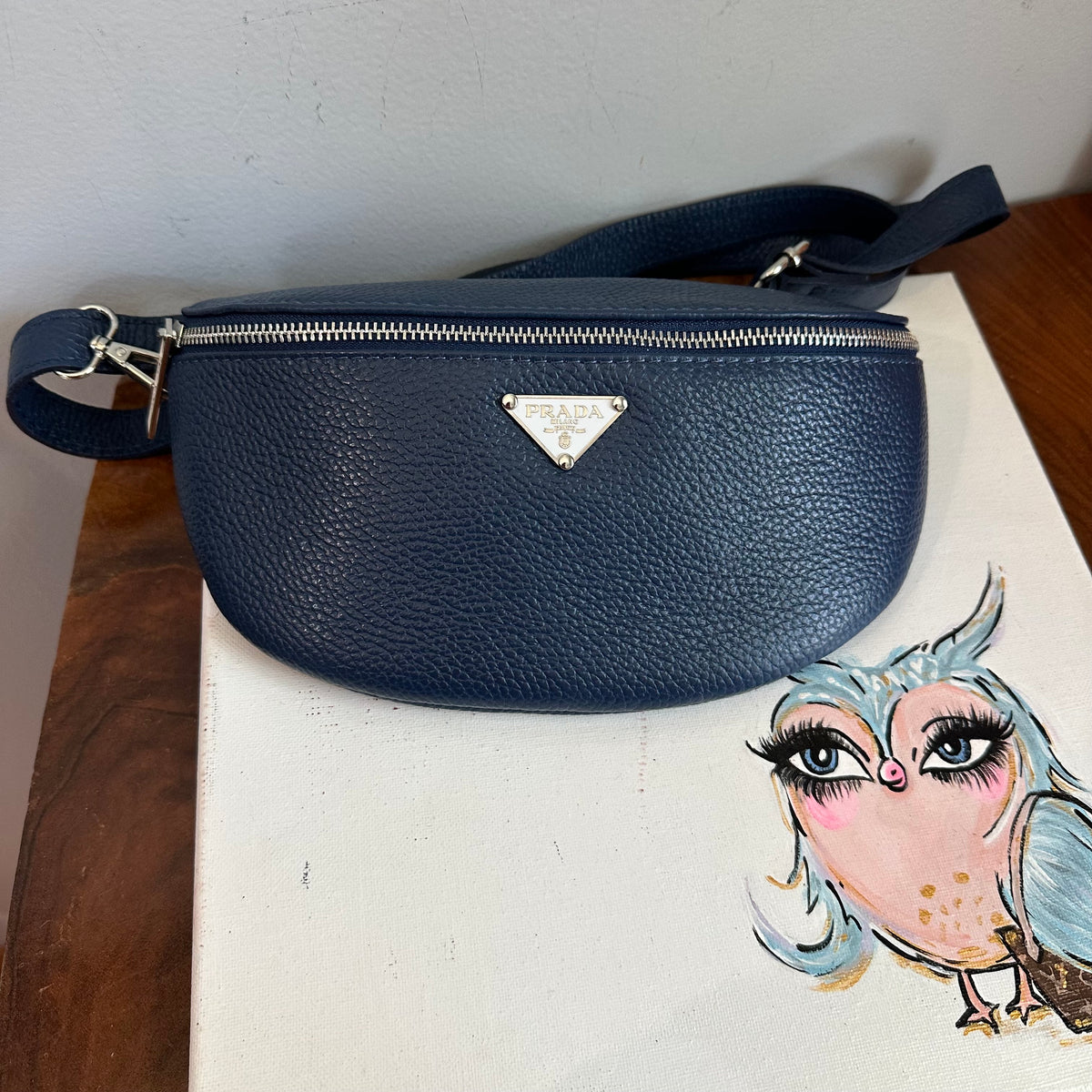 Navy Leather Prada Tag Sling/Fanny Pack Bag Silver (larger