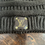 Chocolate Brown Beanie with Upcycled LV Patch (No Pom)