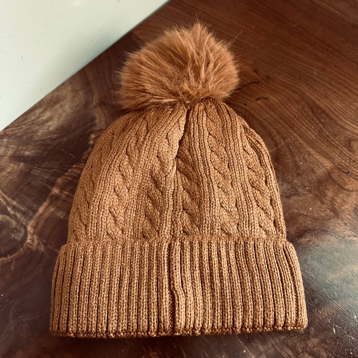 Cozy Tan knit beanie upcycled Louis Vuitton Christmas cactus Upcycled LV Patch on Cognac-Colored Pom Beanie Hat – Beauty  main image 4