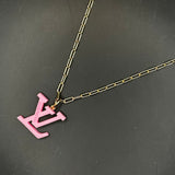 Pink Resin LV Pendant on Gold-Filled Paperclip Chain Necklace