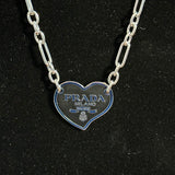 Prada Heart Bag Tag Necklace - Black/Silver on WHITE Gold-Filled Paperclip Chain