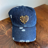 Upcycled LV Patch on Distressed Dark Denim Hat