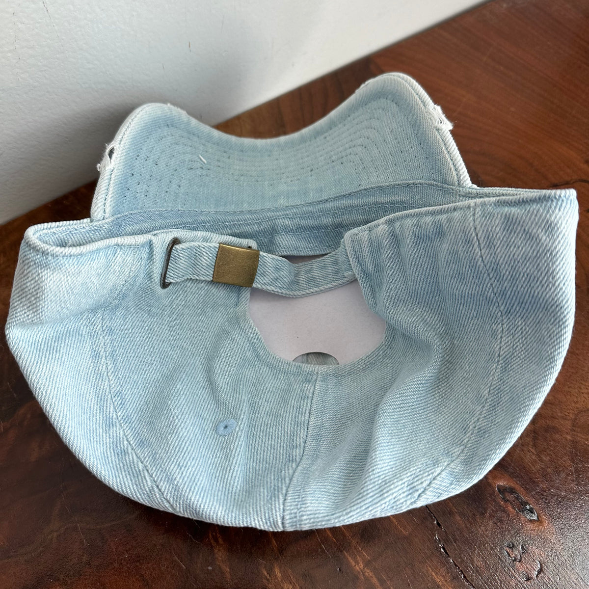 Upcycled Pink/Gold Prada Tag Hat in Light Denim – Beauty  display picture 3
