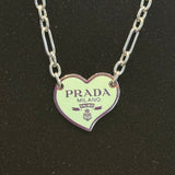 Prada Heart Bag Tag Necklace - Mint Green/Silver on White-Gold-Filled Paperclip Chain