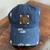 Upcycled LV Patch on Distressed Dark Denim Hat