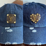 Upcycled LV Patch on Distressed Dark Denim Hat