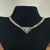 Prada Bag Tag Necklace - Black on White gold Chain