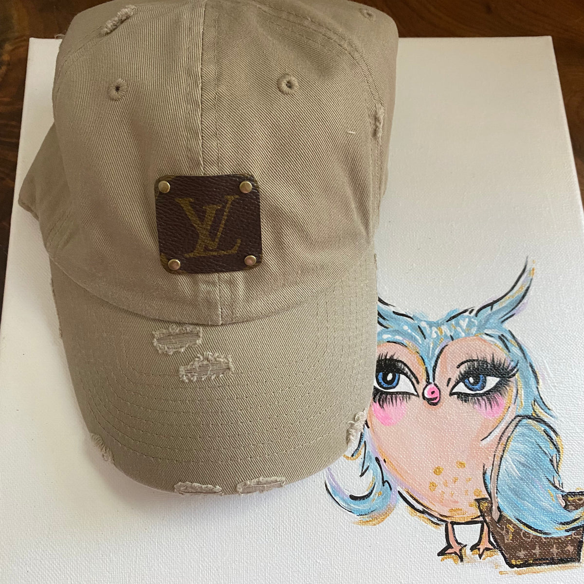 Upcycled LV Patch on Distressed Tan Hat – Beauty Bird Vintage display picture 2