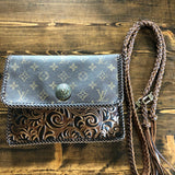 The Warbler Crossbody/Clutch in Monogram with Tooled Leather