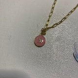 Pink LV Button Necklace - Gold-Filled Paperclip Chain