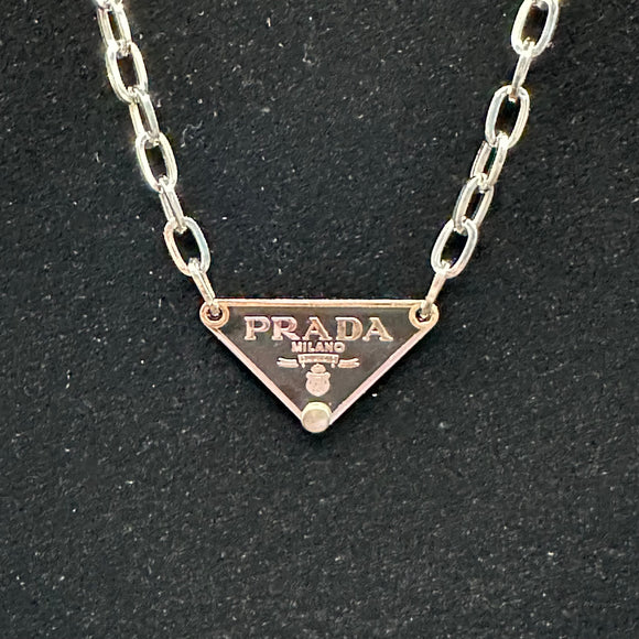 Prada Bag Tag Necklace - Black on White-Gold Link Chain