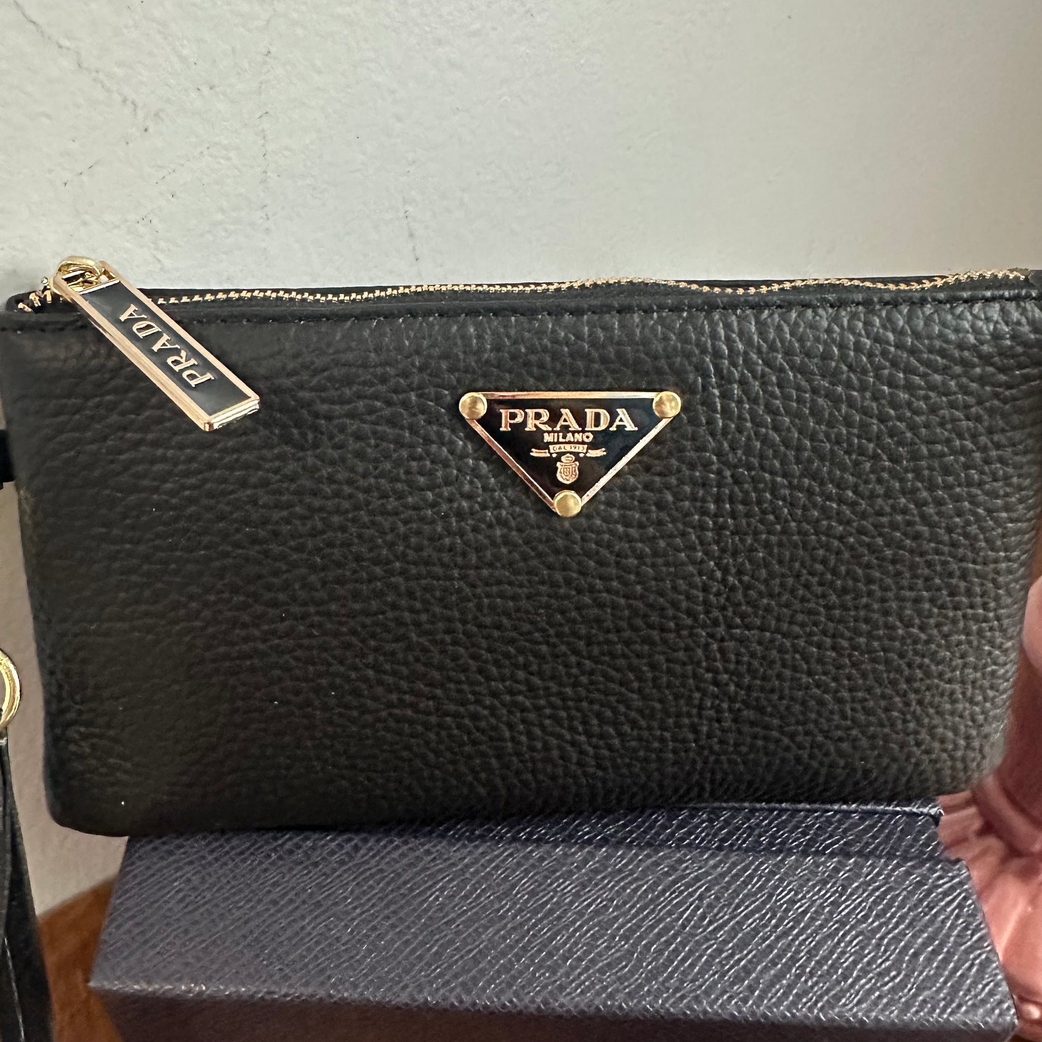 Black Leather Wristlet Bag - w/Upcycled Prada Tag – Beauty Bird