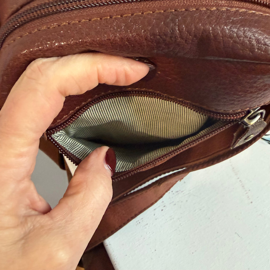 Cognac Leather Messenger Bag with LV Monogram Patch