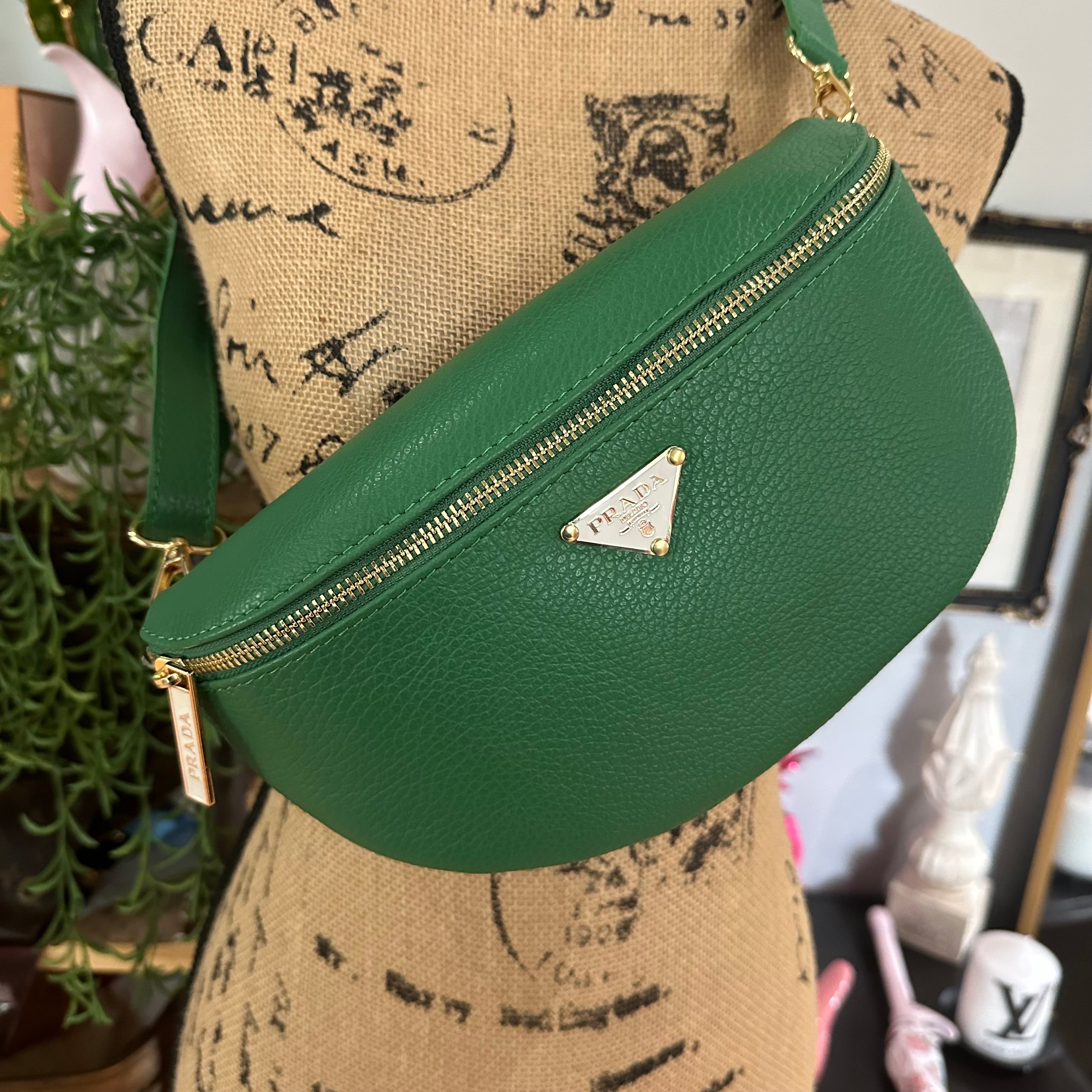 Green Leather Prada Tag Sling/Fanny Pack Bag Gold (larger)