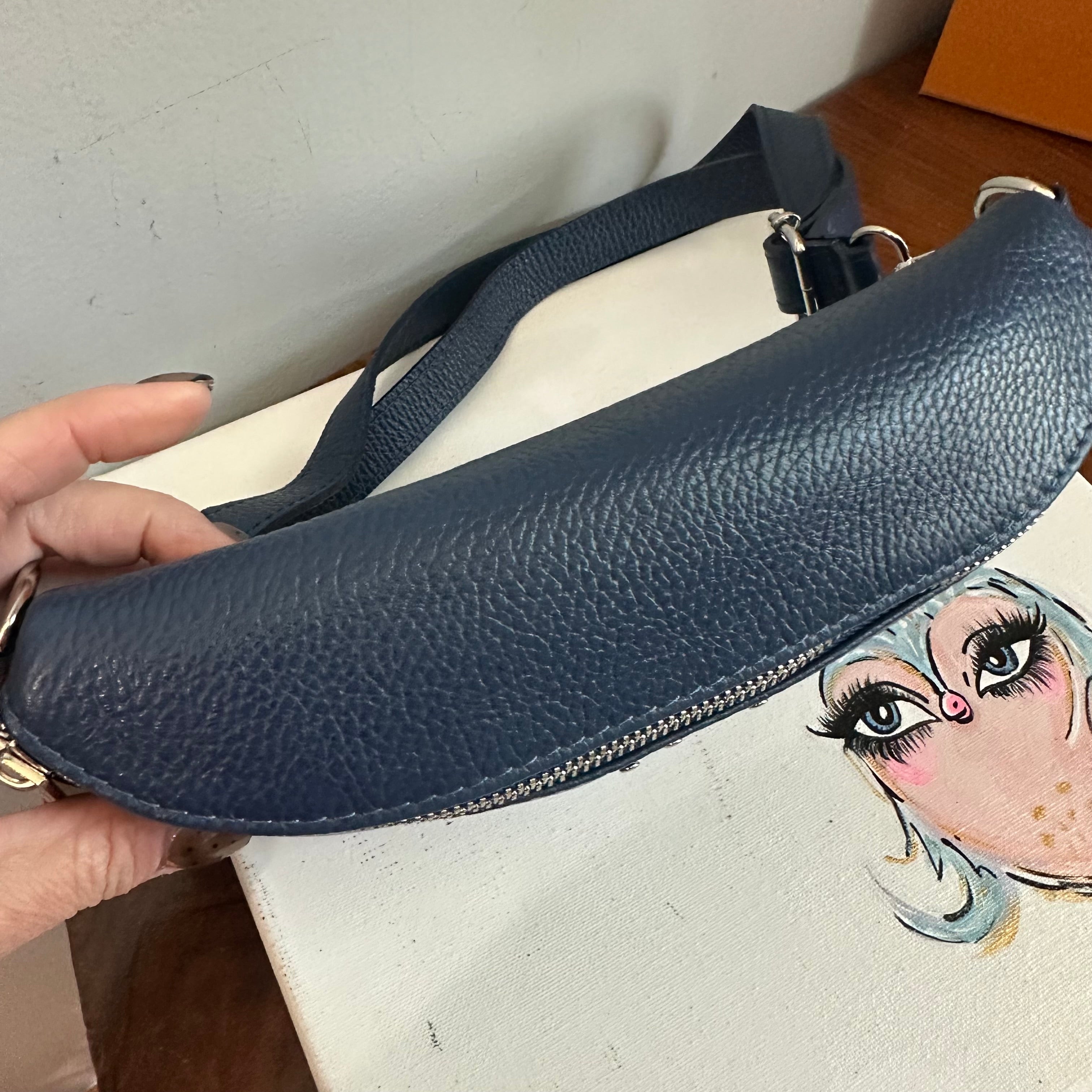 Navy Leather Prada Tag Sling/Fanny Pack Bag Gold (larger)