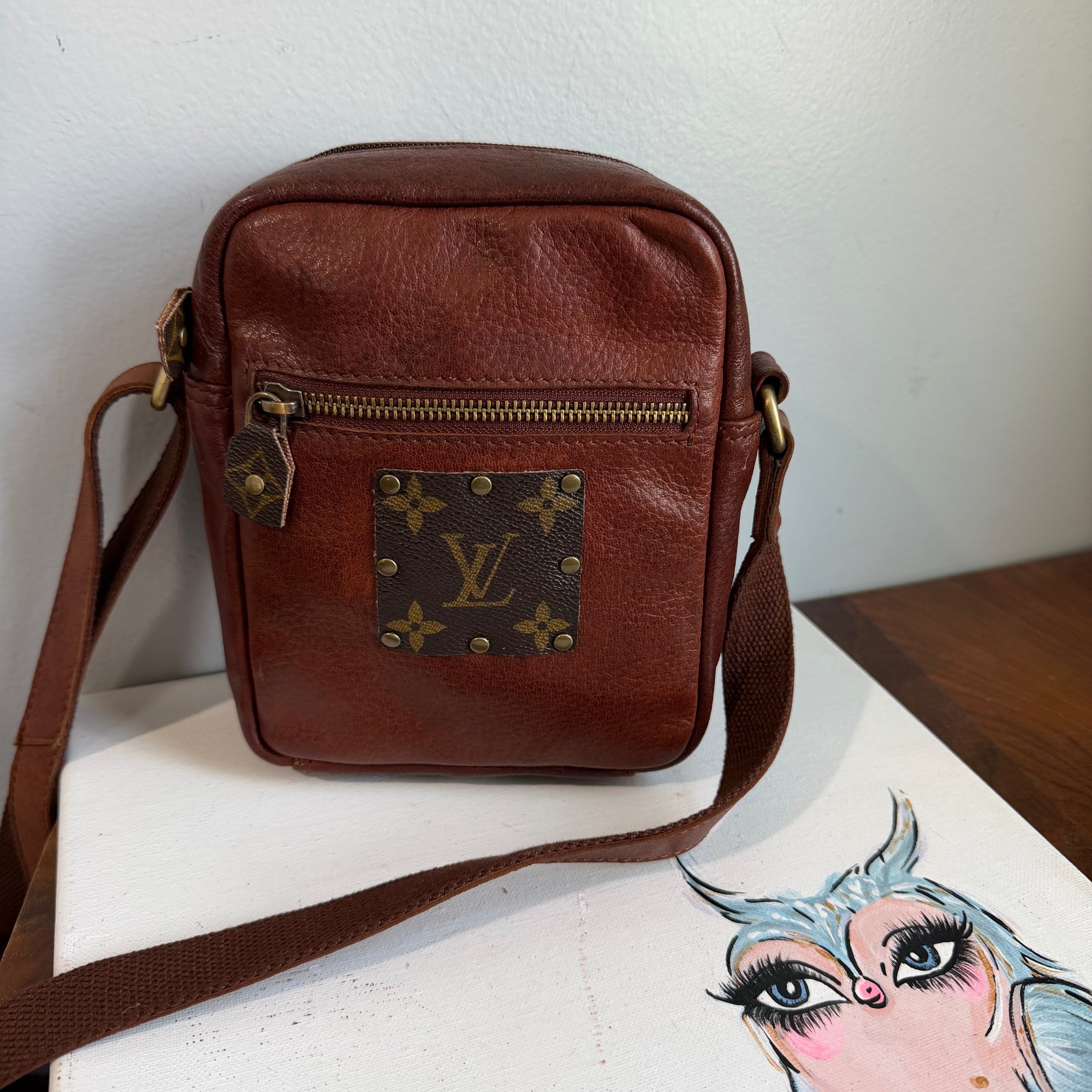 Cognac Leather Messenger Bag with LV Monogram Patch