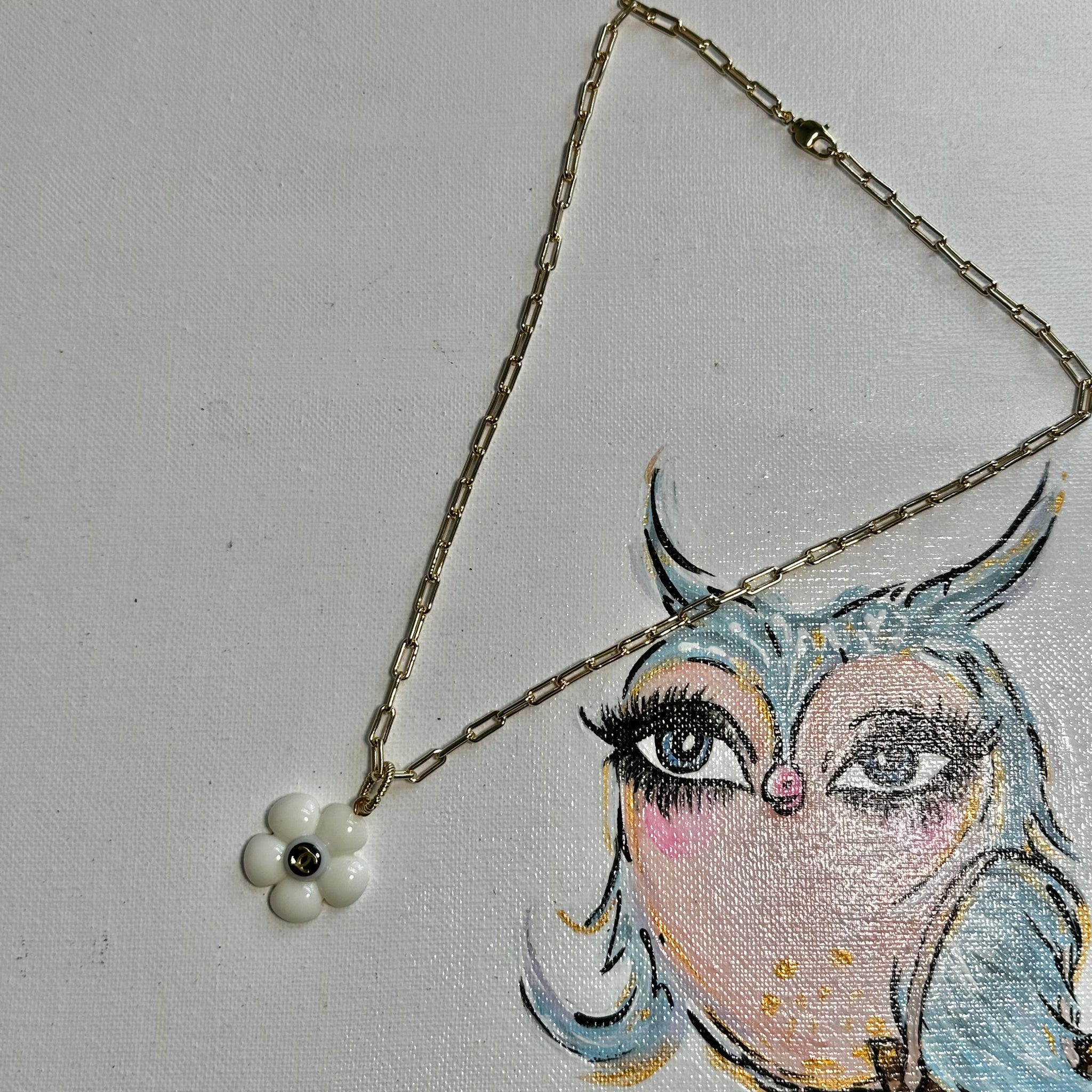 White Chanel (CC) Flower Necklace on GoldFilled Paperclip Chain