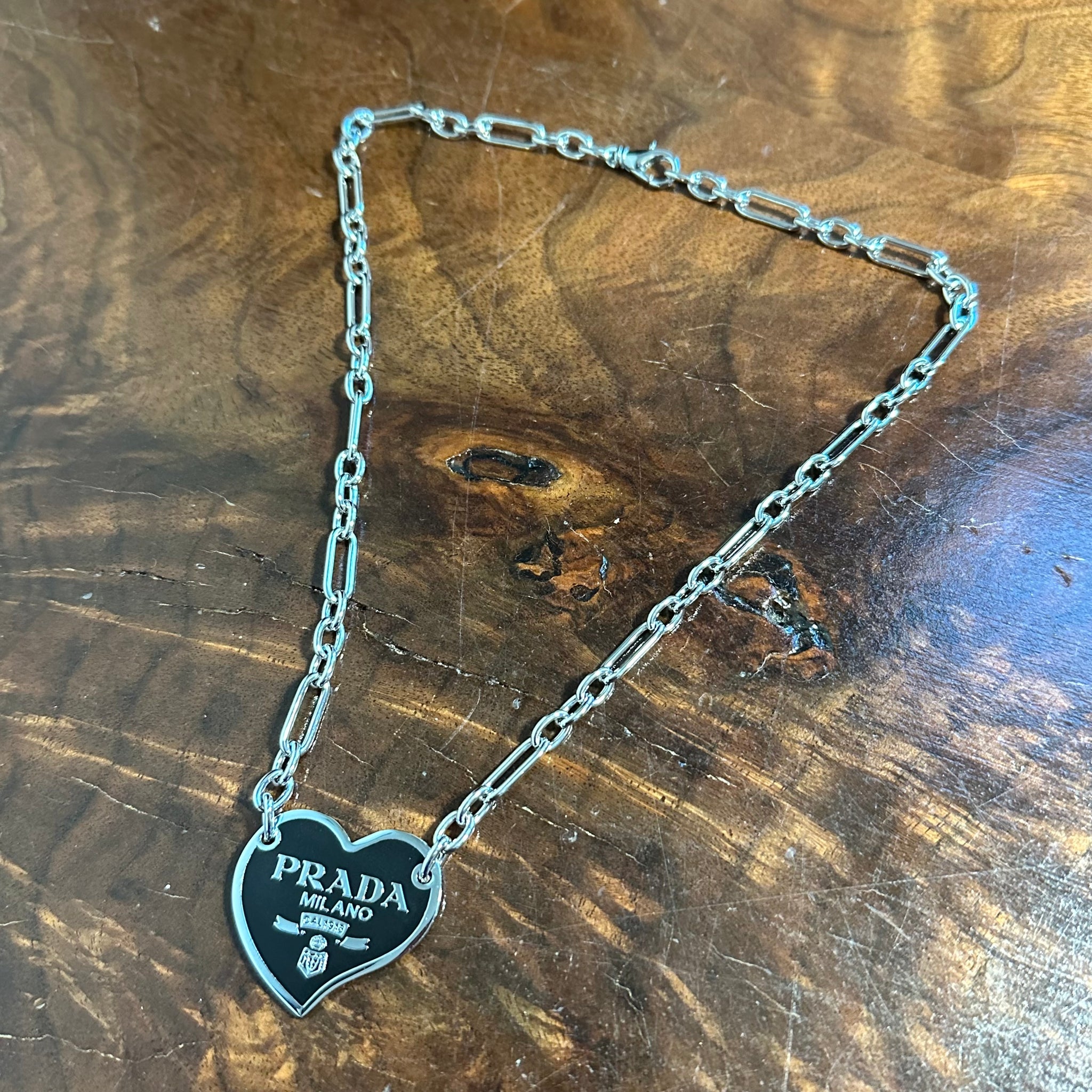 Prada Heart Bag Tag Necklace - Black/Silver on WHITE Gold-Filled