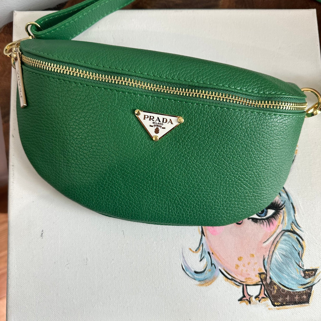 Green Leather Prada Tag Sling/Fanny Pack Bag Gold (larger)