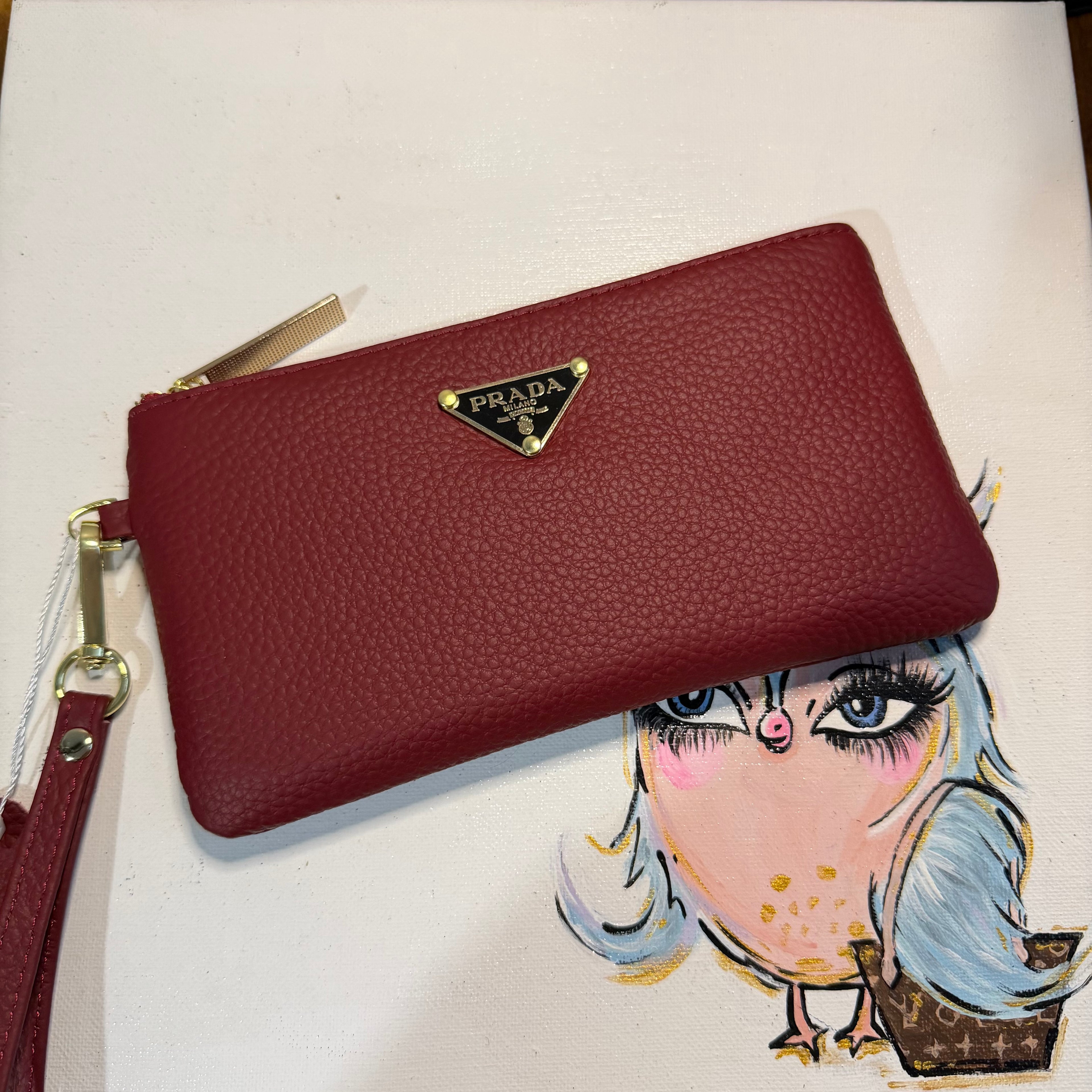 Wine Colored Leather Wristlet Bag - w/Upcycled Prada Tags
