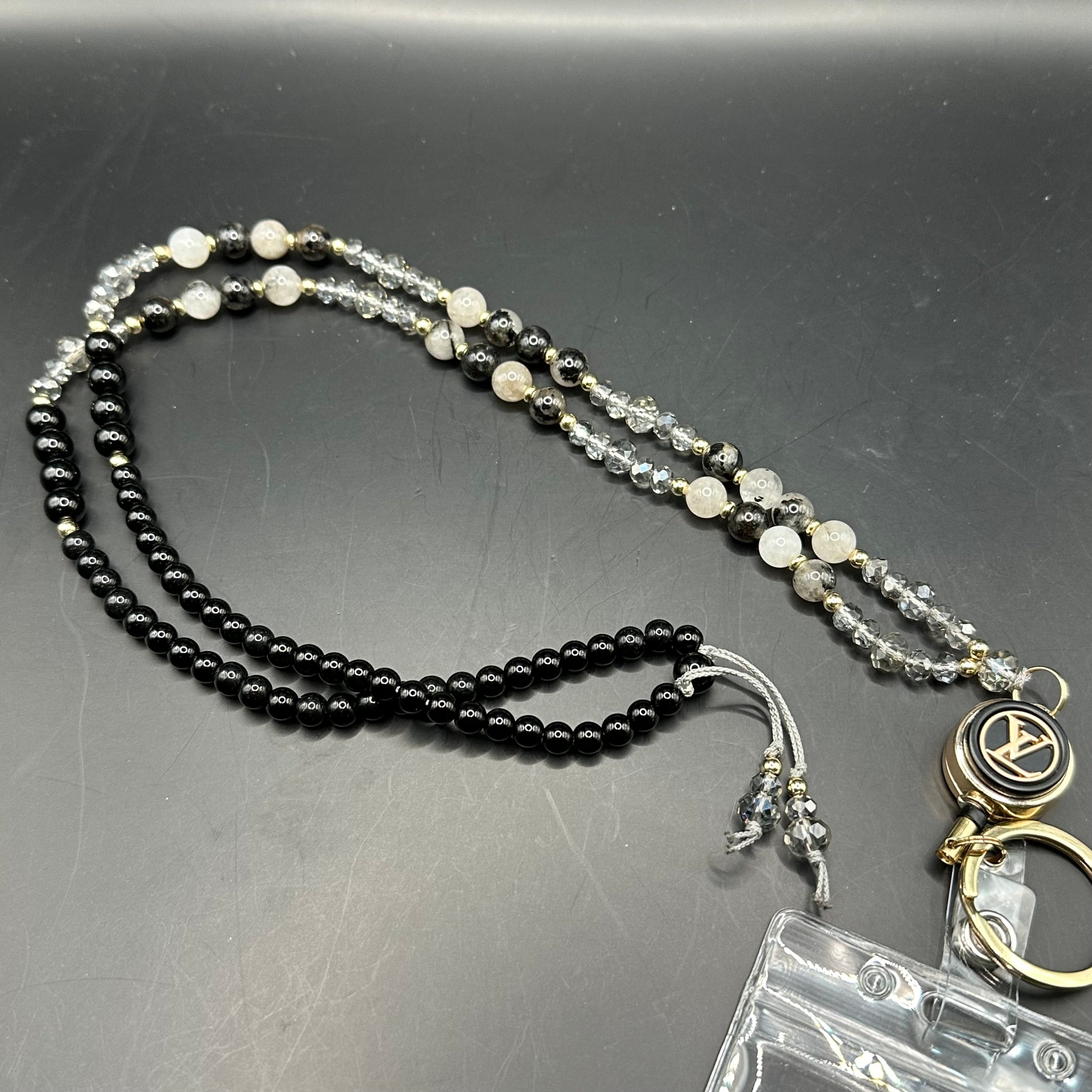 Upcycled LV Button Lanyard/Badge Holder in Black Tourmaline Quartz