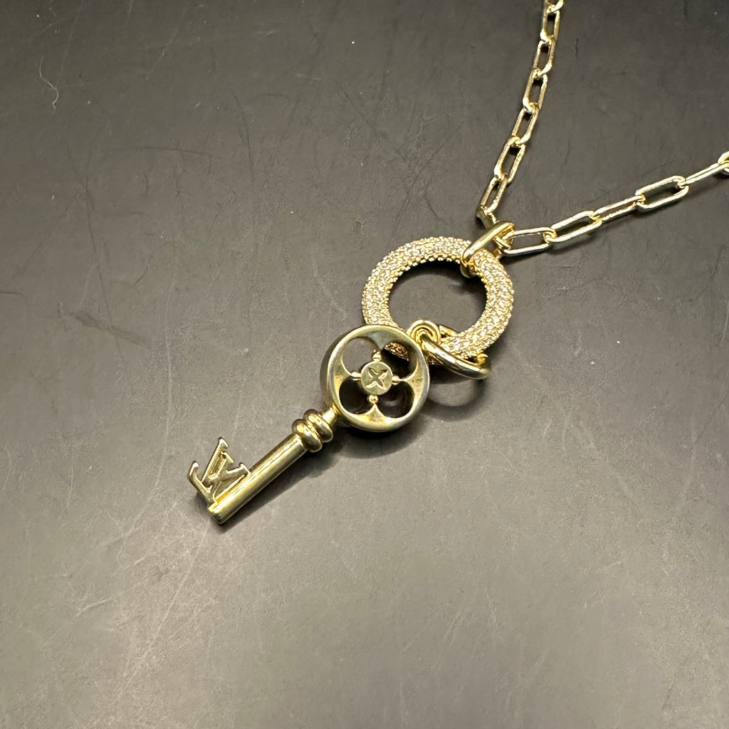 Repurposed LV Key Charm on Blingy Circle Necklace