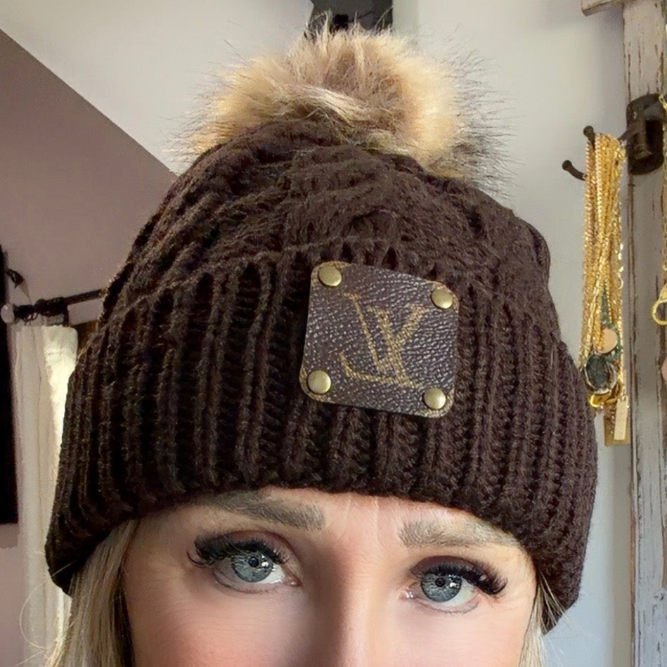 Chocolate Brown Beanie with Pom with Upcycled LV Patch