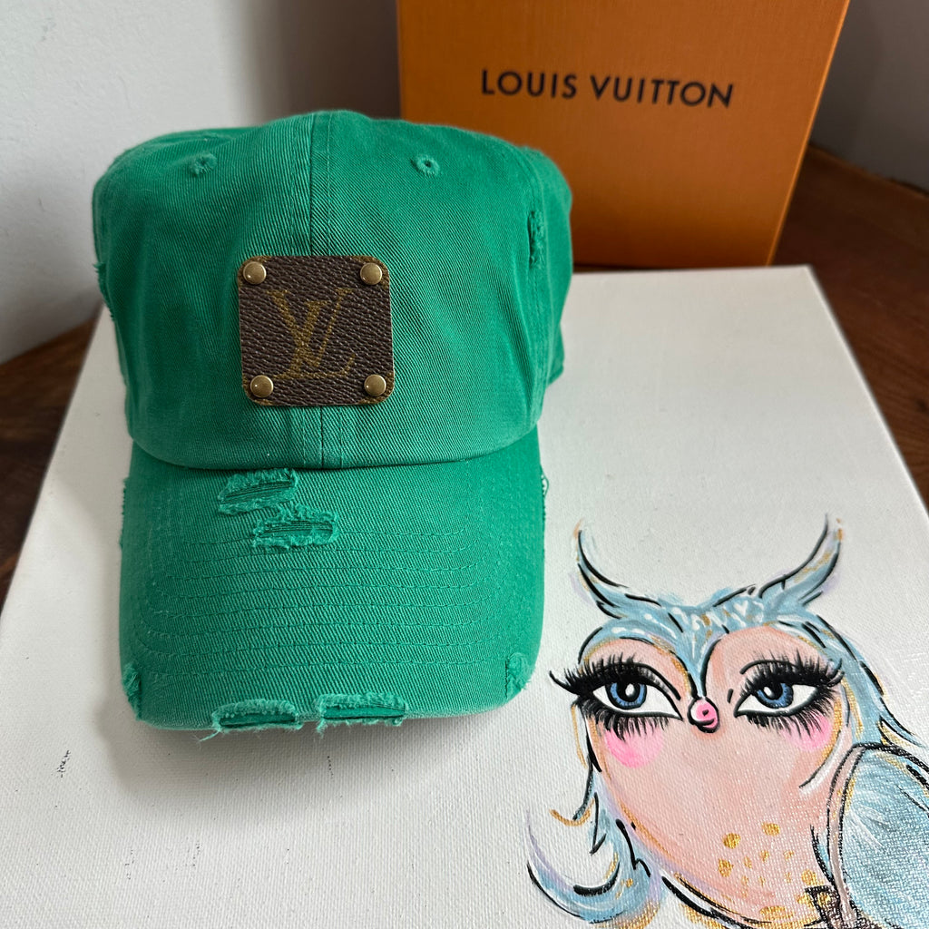 Upcycled LV Patch on Distressed Kelly Green Hat