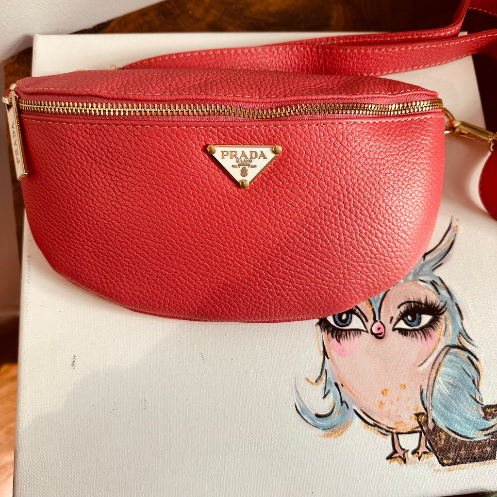 Bubblegum Pink Leather Prada Tag Sling/Fanny Pack Bag Gold (larger)
