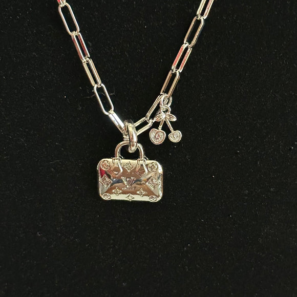 Silver LV Bag Charm with Cherries on Paperclip chain Necklace