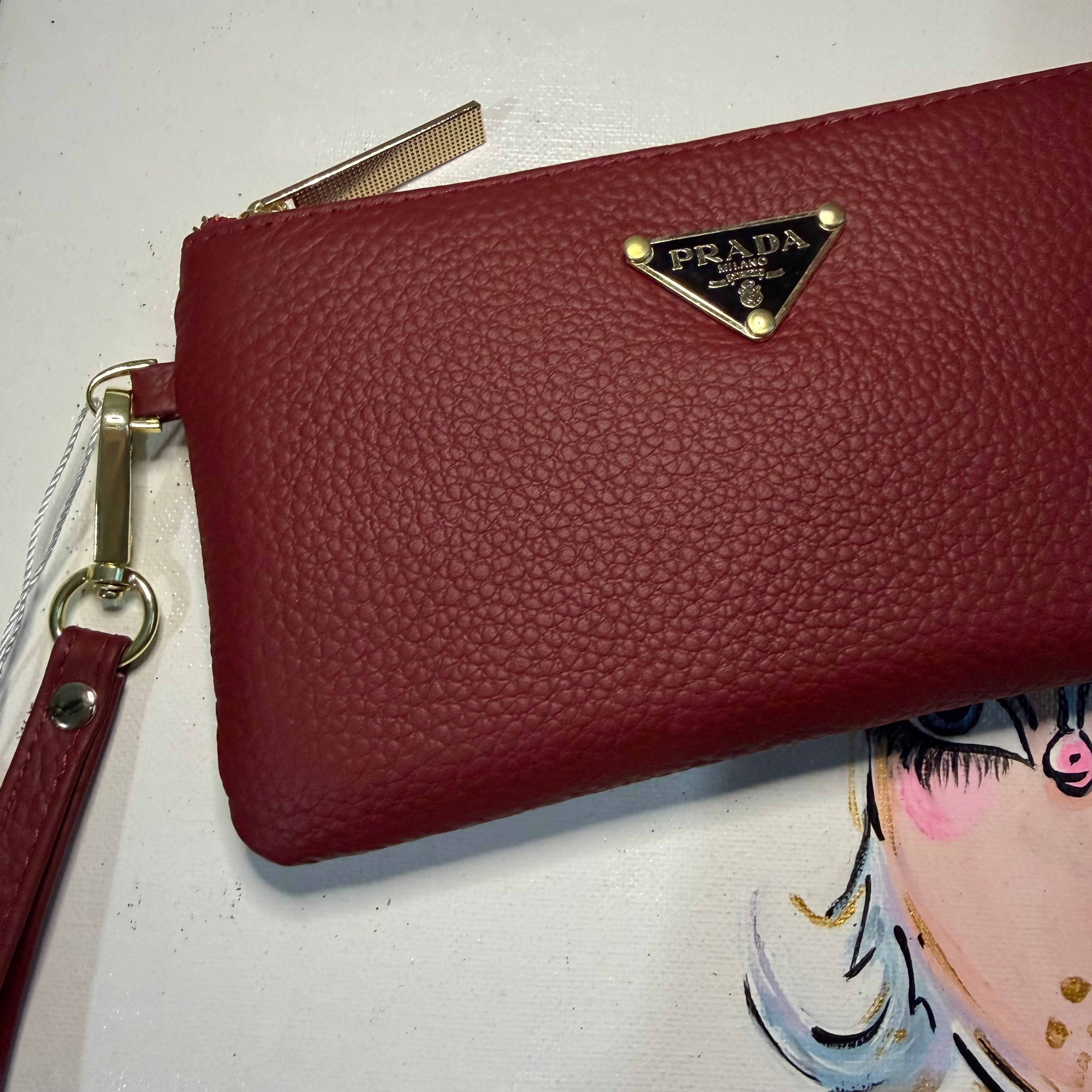 Wine Colored Leather Wristlet Bag - w/Upcycled Prada Tags