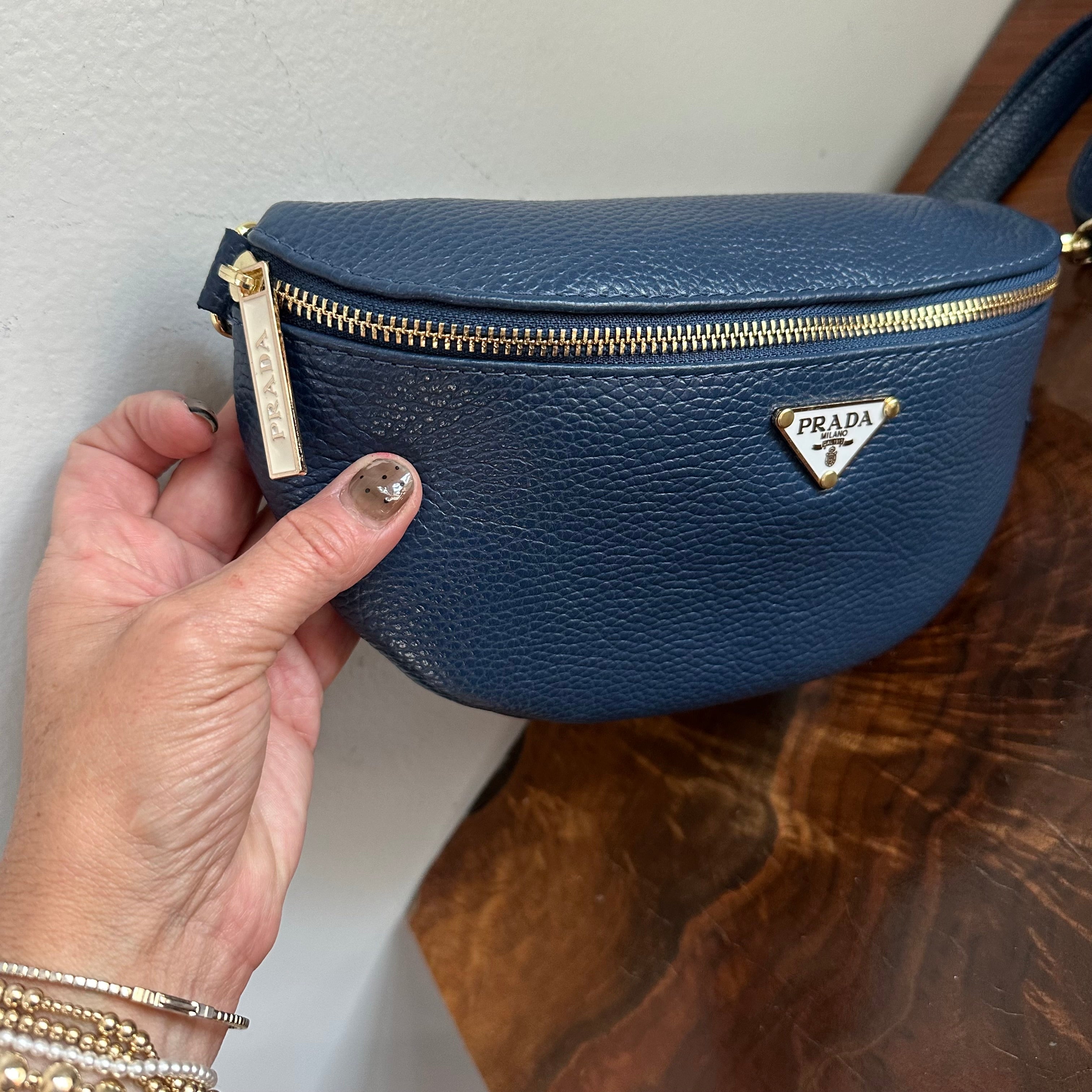 Navy Leather Prada Tag Sling/Fanny Pack Bag Gold (larger)