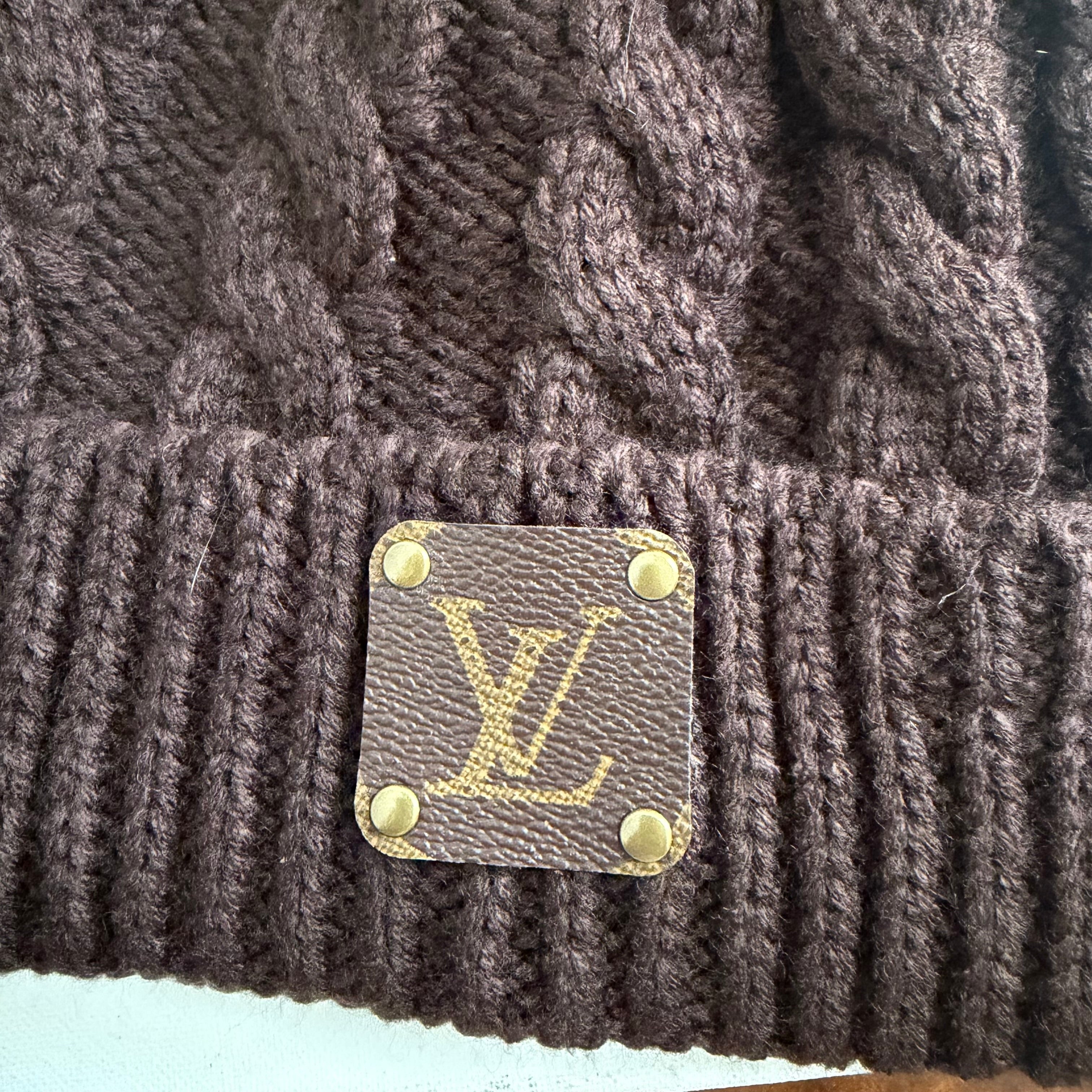 Chocolate Brown Beanie with Pom with Upcycled LV Patch