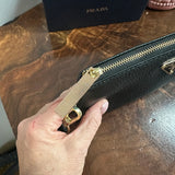 Black Leather Wristlet Bag - w/Upcycled Prada Tag