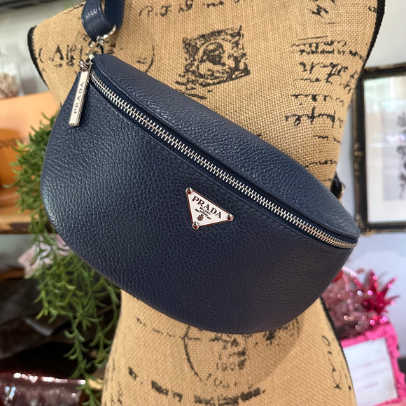 Navy Leather Prada Tag Sling/Fanny Pack Bag (larger)
