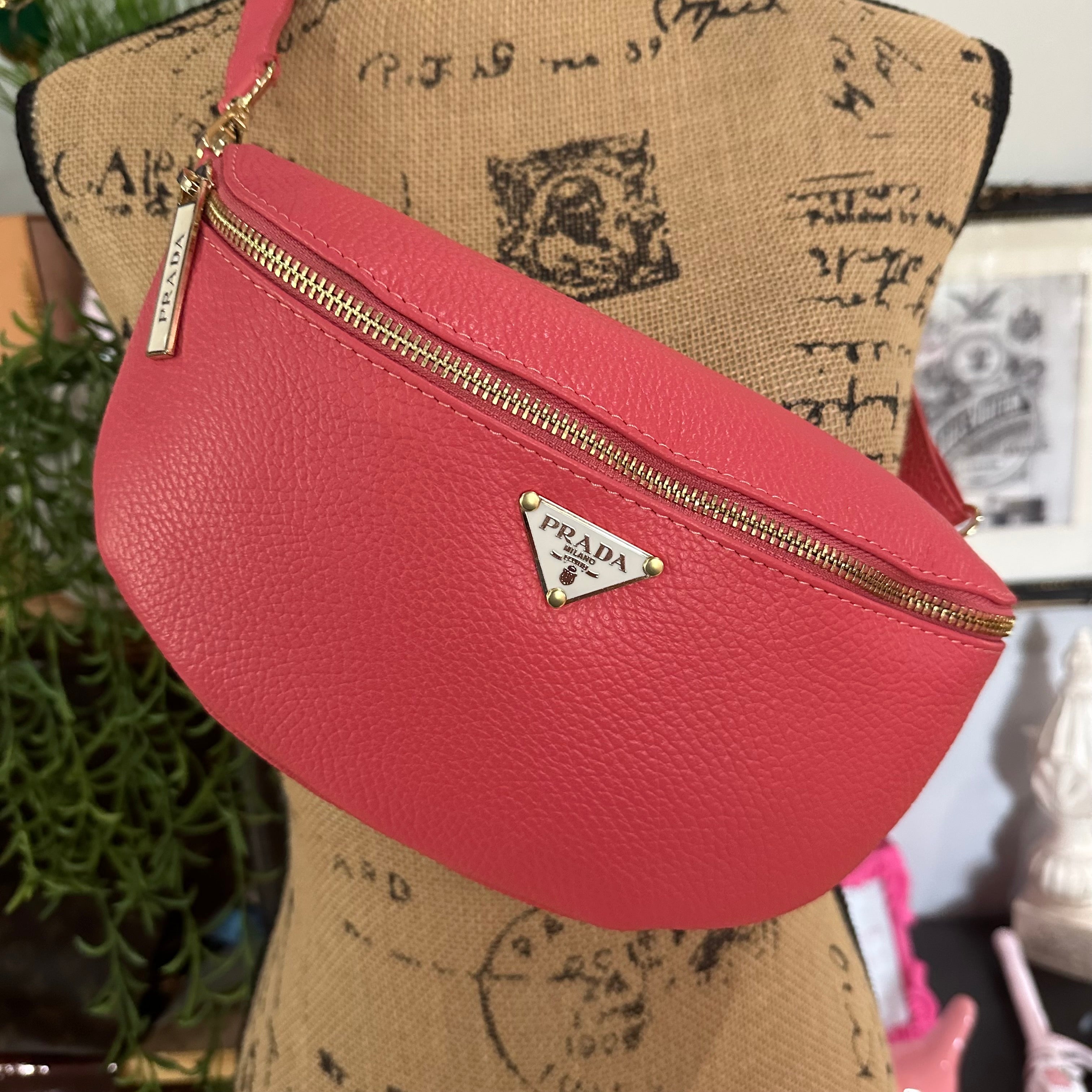 Bubblegum Pink Leather Prada Tag Sling/Fanny Pack Bag Gold (larger)