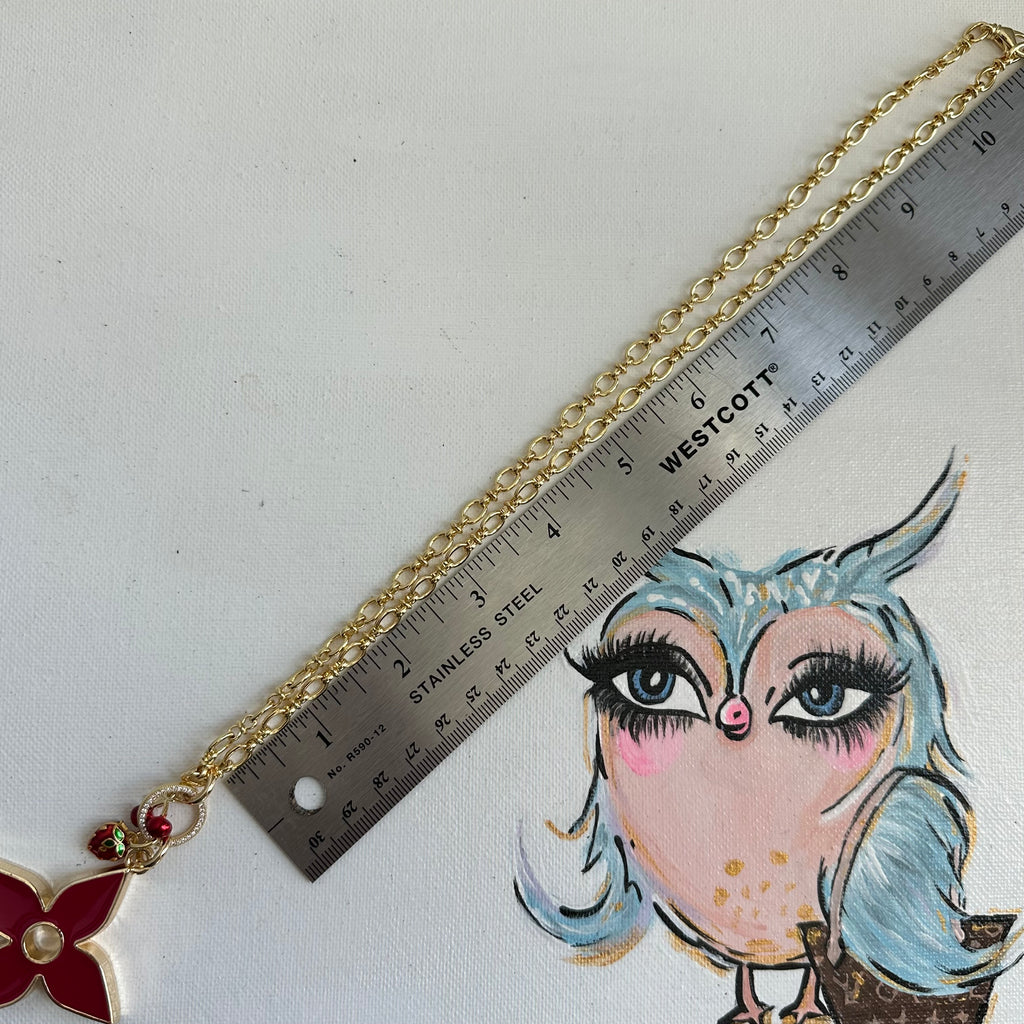 Upcycled LV Quatrefoil Charm Necklace in Deep Red - with Cherries and Strawberry Charms