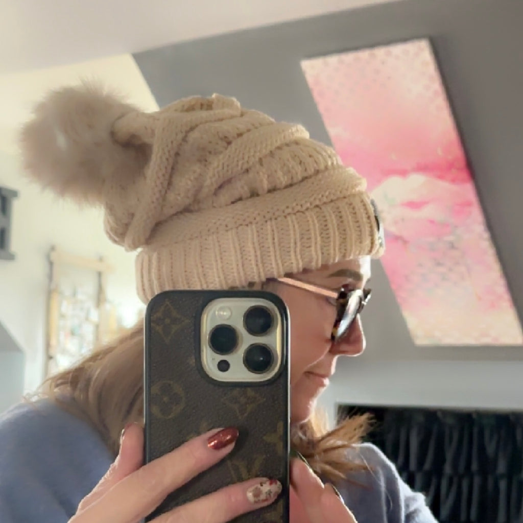 Slouchy Beanie with Pom with Upcycled LV Patch