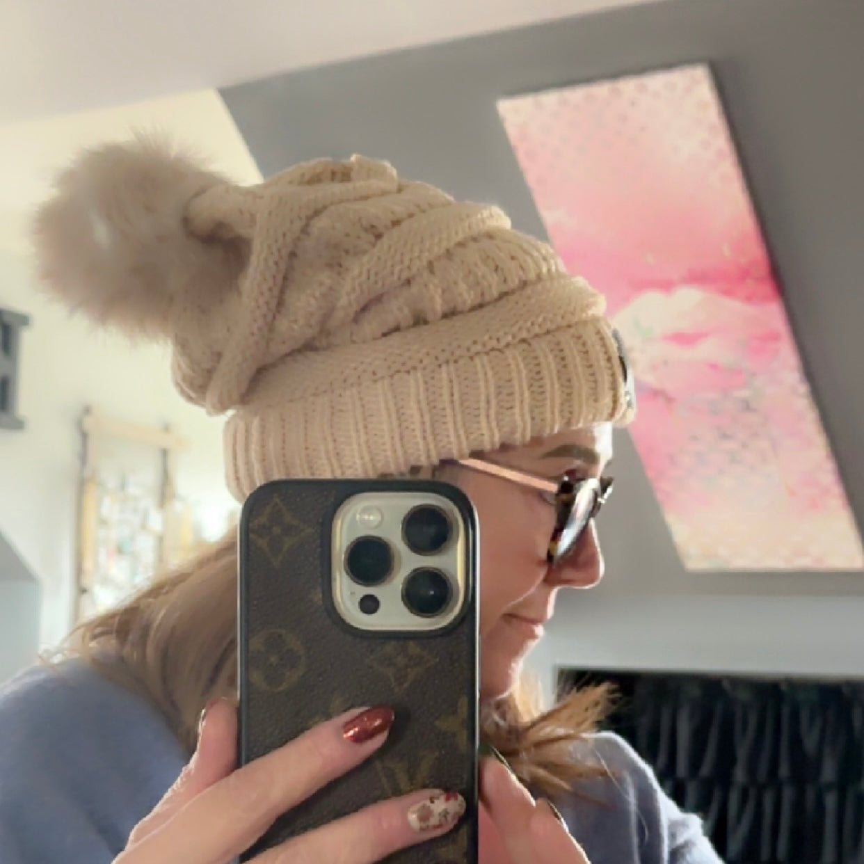 Slouchy Beanie with Pom with Upcycled LV Patch