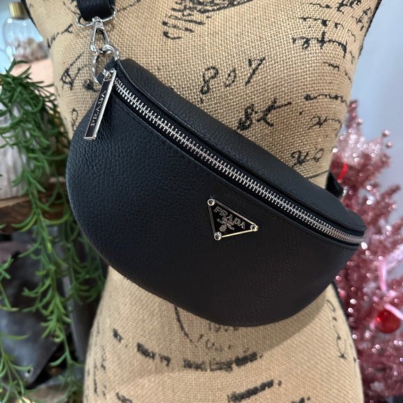 Black Leather Prada Tag Sling/Fanny Pack Bag