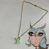 Mint Green LV Pendant on Gold-Filled Paperclip Chain Necklace