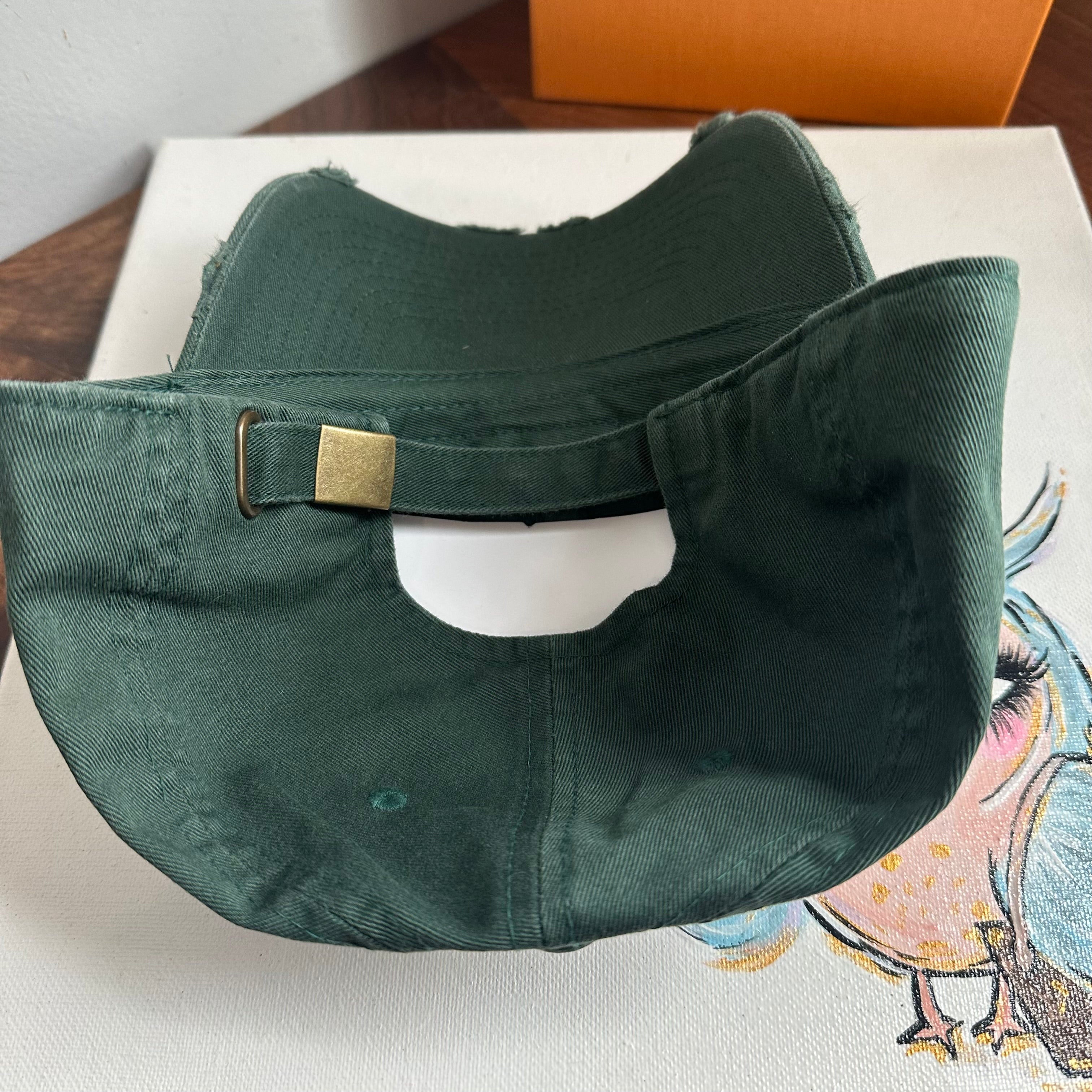 Upcycled LV Patch on Distressed Forest Green Hat