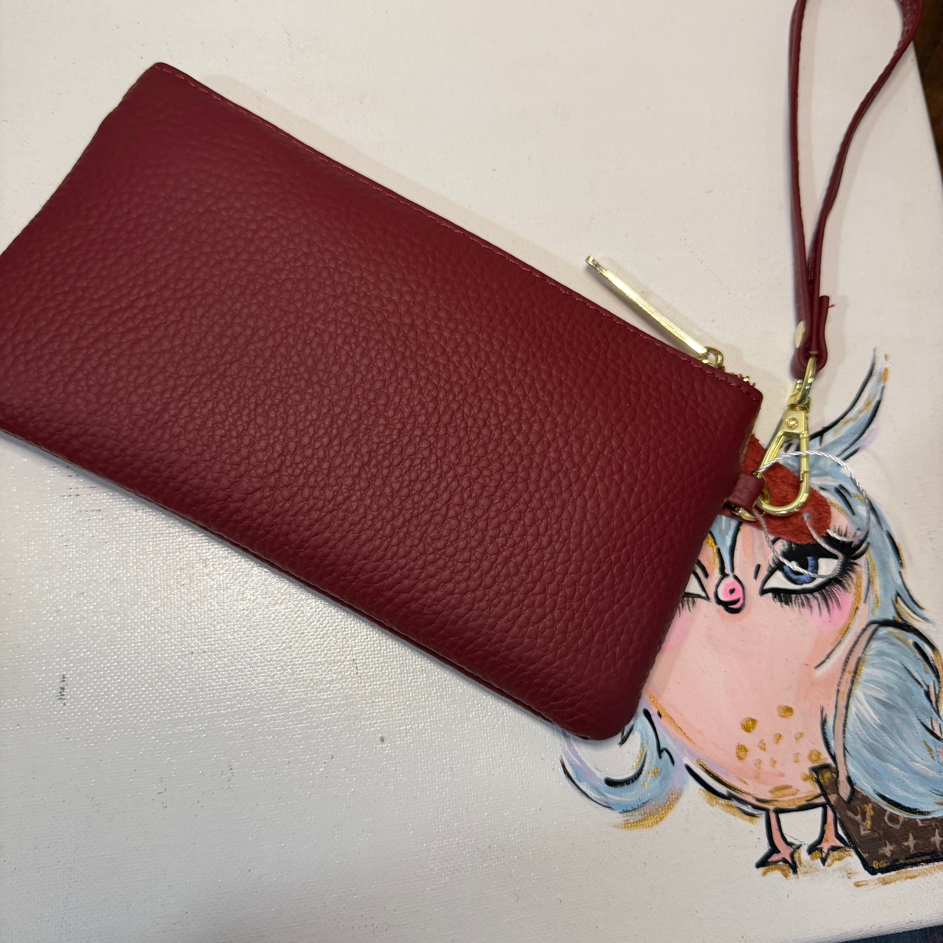 Wine Colored Leather Wristlet Bag - w/Upcycled Prada Tags