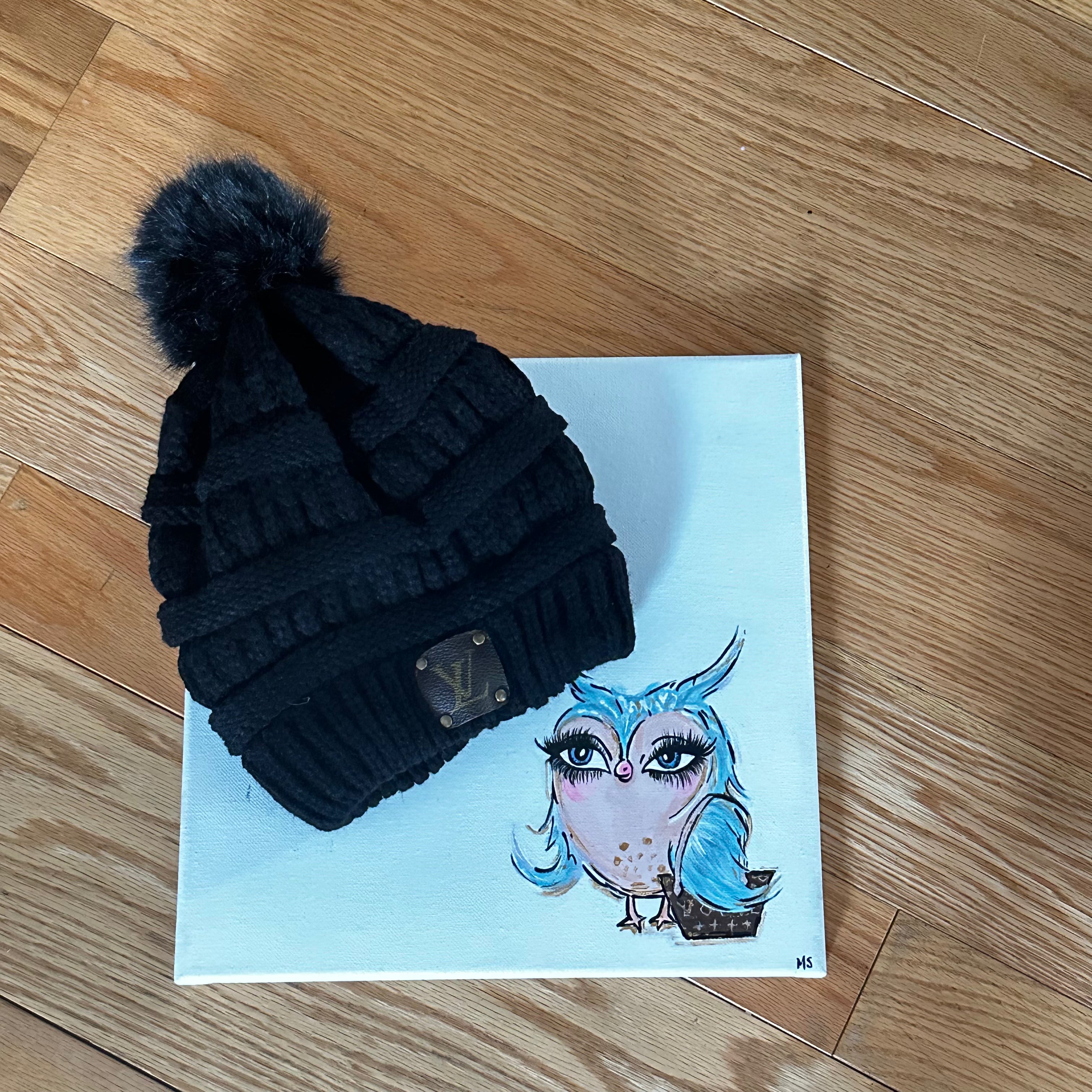 Slouchy Beanie with Pom with Upcycled LV Patch