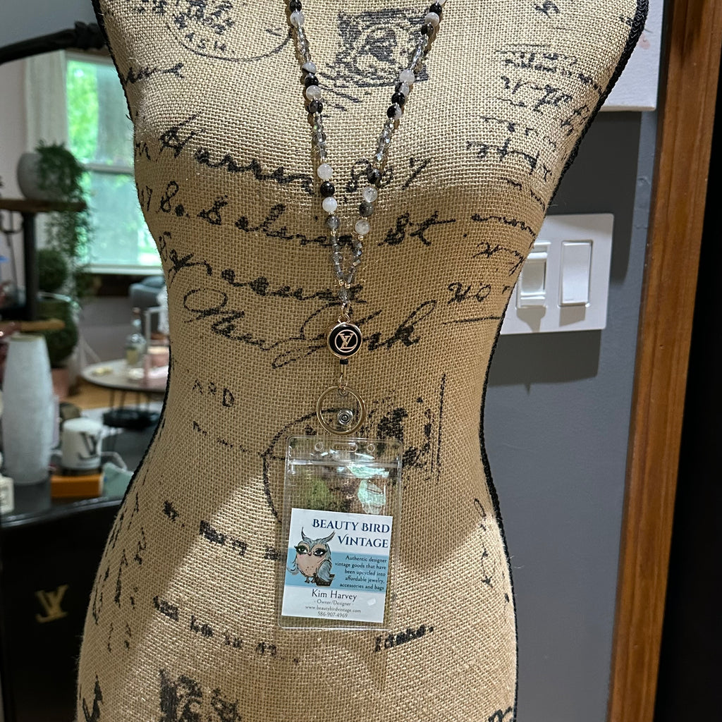 Upcycled LV Button Lanyard/Badge Holder in Black Tourmaline Quartz