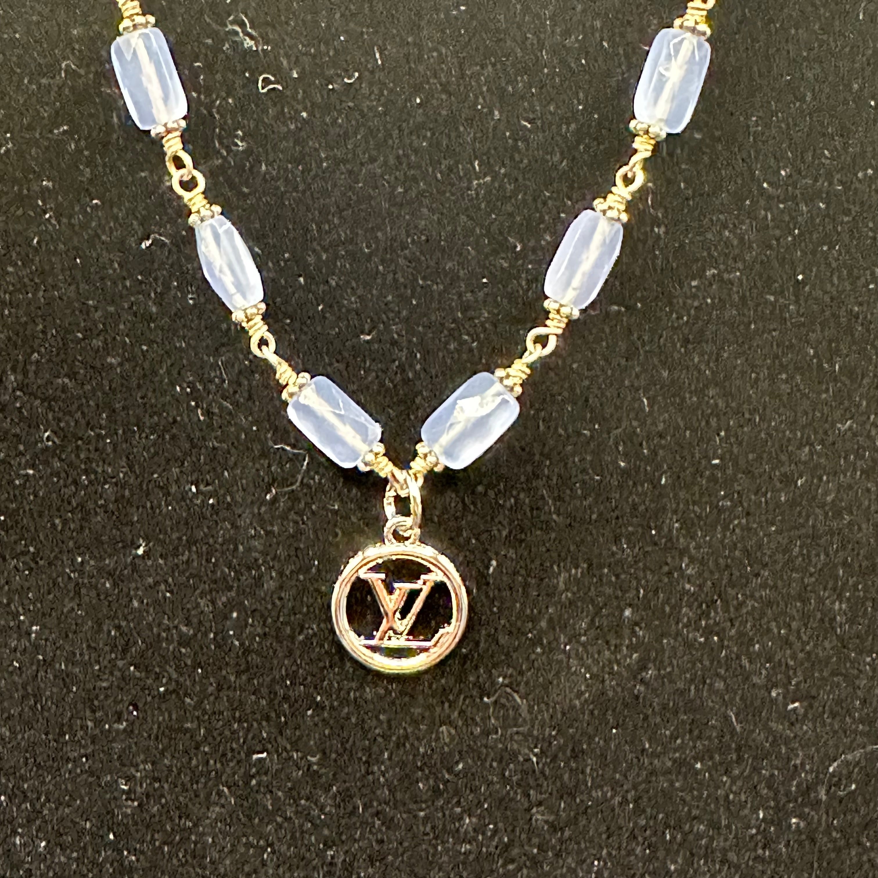 LV Pendant on Pale Blue Chalcedony Necklace