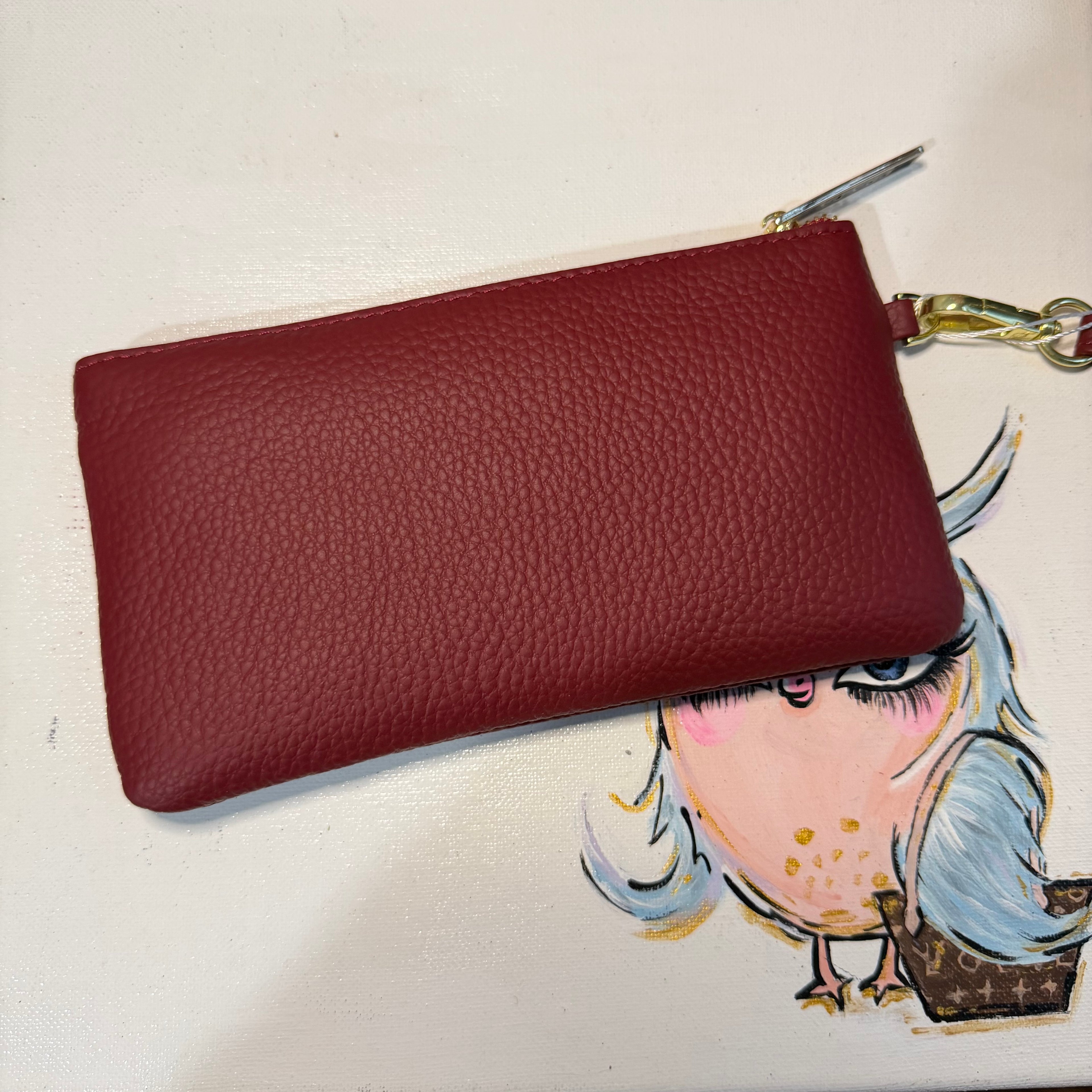 Wine Colored Leather Wristlet Bag - w/Upcycled Prada Tags